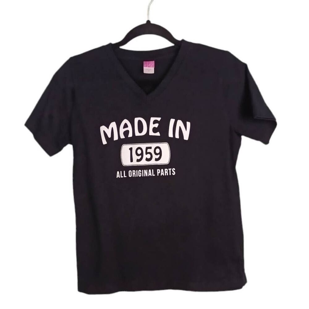 LAT‎ Womens M Black White Graphic Tee T-Shirt "MADE IN 1959 All Original Parts"